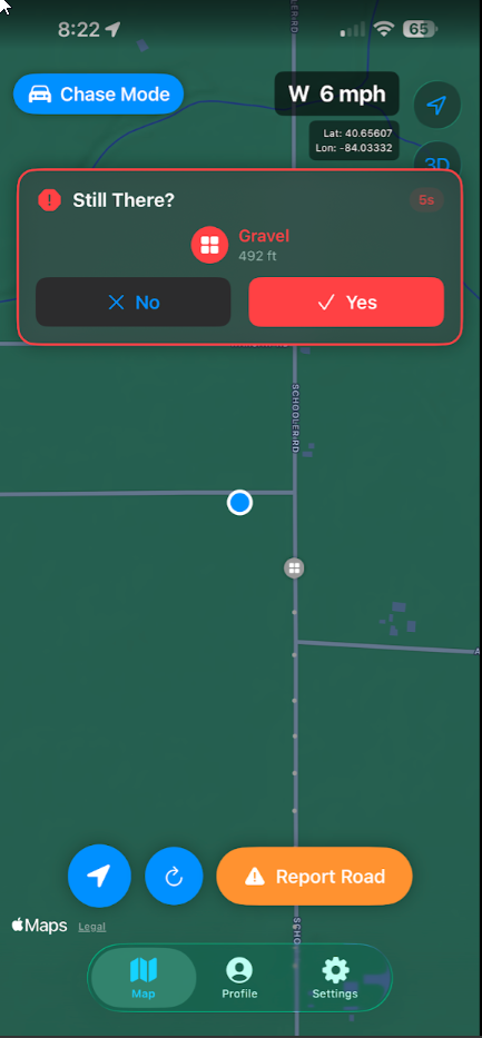 RoadWatch Chase Mode - Simplified interface for active field use