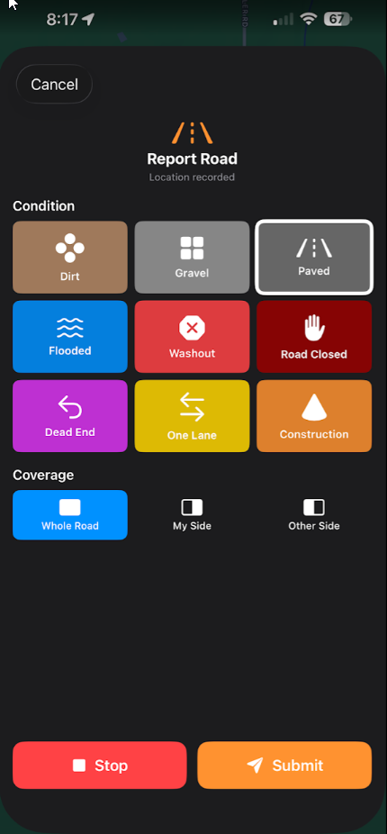 RoadWatch Report Screen - Submit road conditions quickly